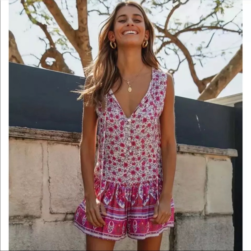 Sleeveless Tank Dress Boho Floral Gypsy Print Pink - Picture 1 of 9